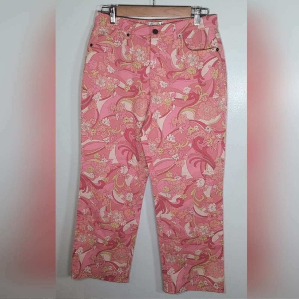 Talbots Retro 60s Groovy Psychedelic Floral Pants Pink Orange Boho Size 10P